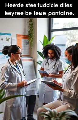 A diverse group of healthcare professionals discussing methods to reduce epidemic populations in a modern clinic setting