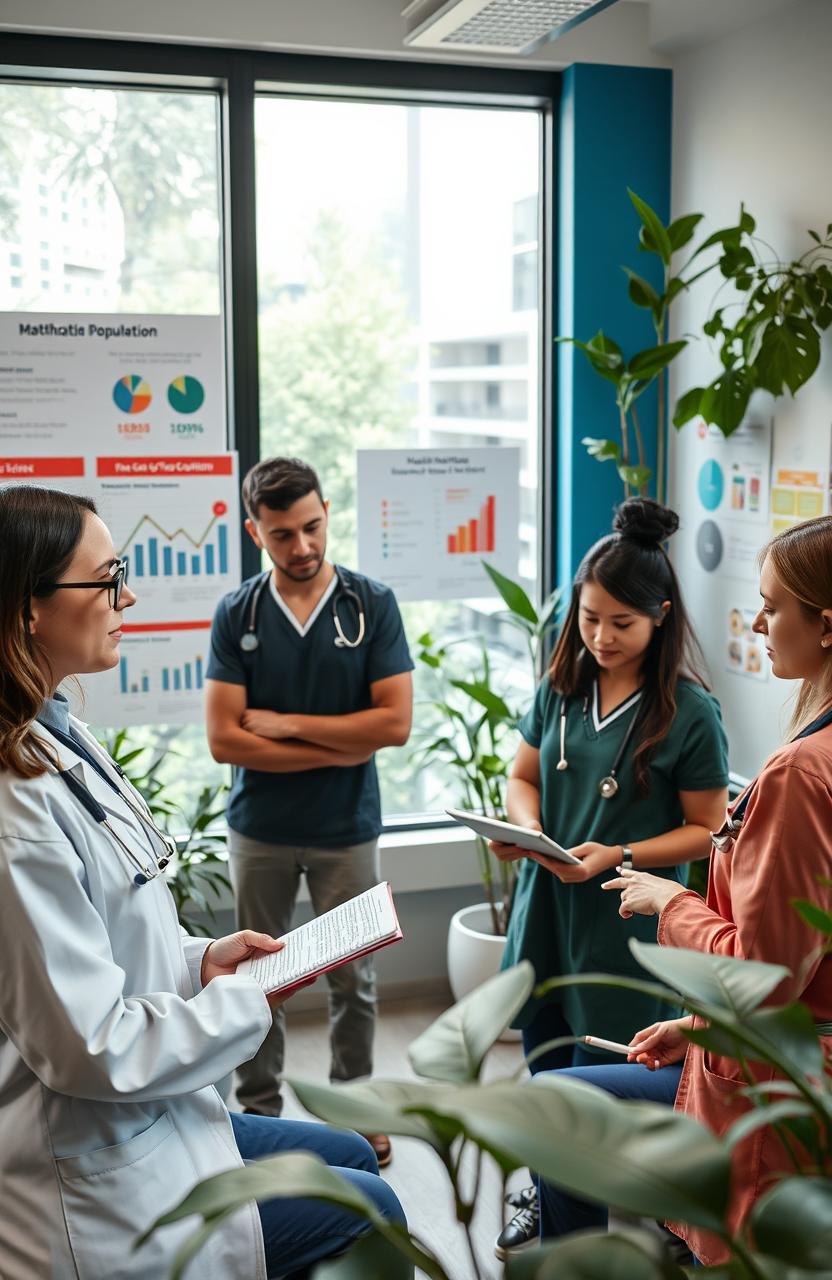 A diverse group of healthcare professionals discussing methods to reduce epidemic populations in a modern clinic setting