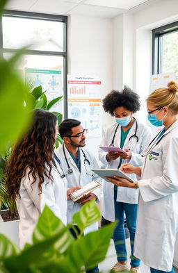 A diverse group of healthcare professionals discussing methods to reduce epidemic populations in a modern clinic setting