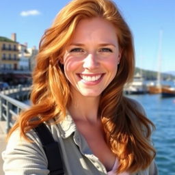 A beautiful 35-year-old red-haired woman with a non-model appearance, captured in a candid, amateur-style photograph on a scenic waterfront