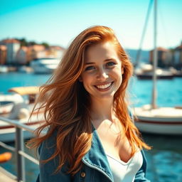 A beautiful 35-year-old red-haired woman with a non-model appearance, captured in a candid, amateur-style photograph on a scenic waterfront