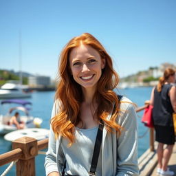 A beautiful 35-year-old red-haired woman with a non-model appearance, captured in a candid, amateur-style photograph on a scenic waterfront