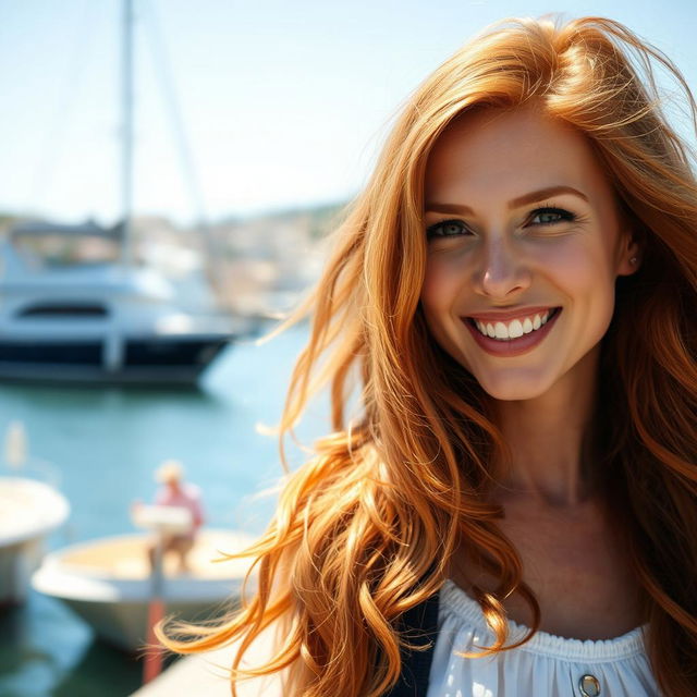 A beautiful 35-year-old red-haired woman with a non-model appearance, captured in a candid, amateur-style photograph on a scenic waterfront