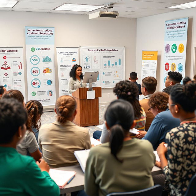 An informative scene depicting a community health workshop focused on strategies to reduce epidemic populations