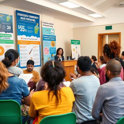 An informative scene depicting a community health workshop focused on strategies to reduce epidemic populations