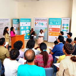 An informative scene depicting a community health workshop focused on strategies to reduce epidemic populations