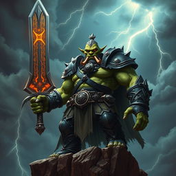 An imposing orc king standing tall on a cliff, brandishing a colossal sword that symbolizes his might