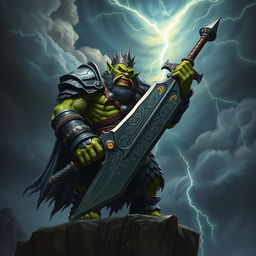 An imposing orc king standing tall on a cliff, brandishing a colossal sword that symbolizes his might