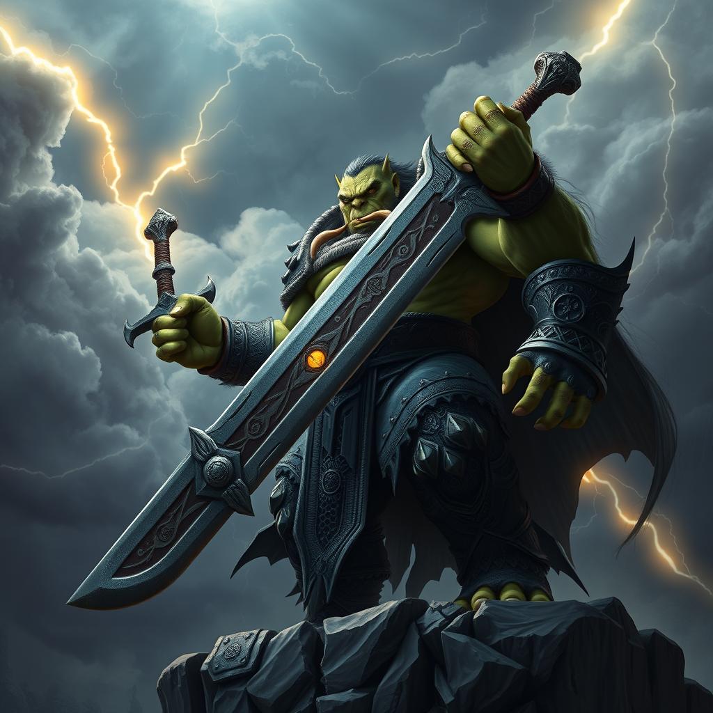 An imposing orc king standing tall on a cliff, brandishing a colossal sword that symbolizes his might