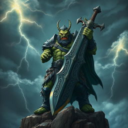 An imposing orc king standing tall on a cliff, brandishing a colossal sword that symbolizes his might