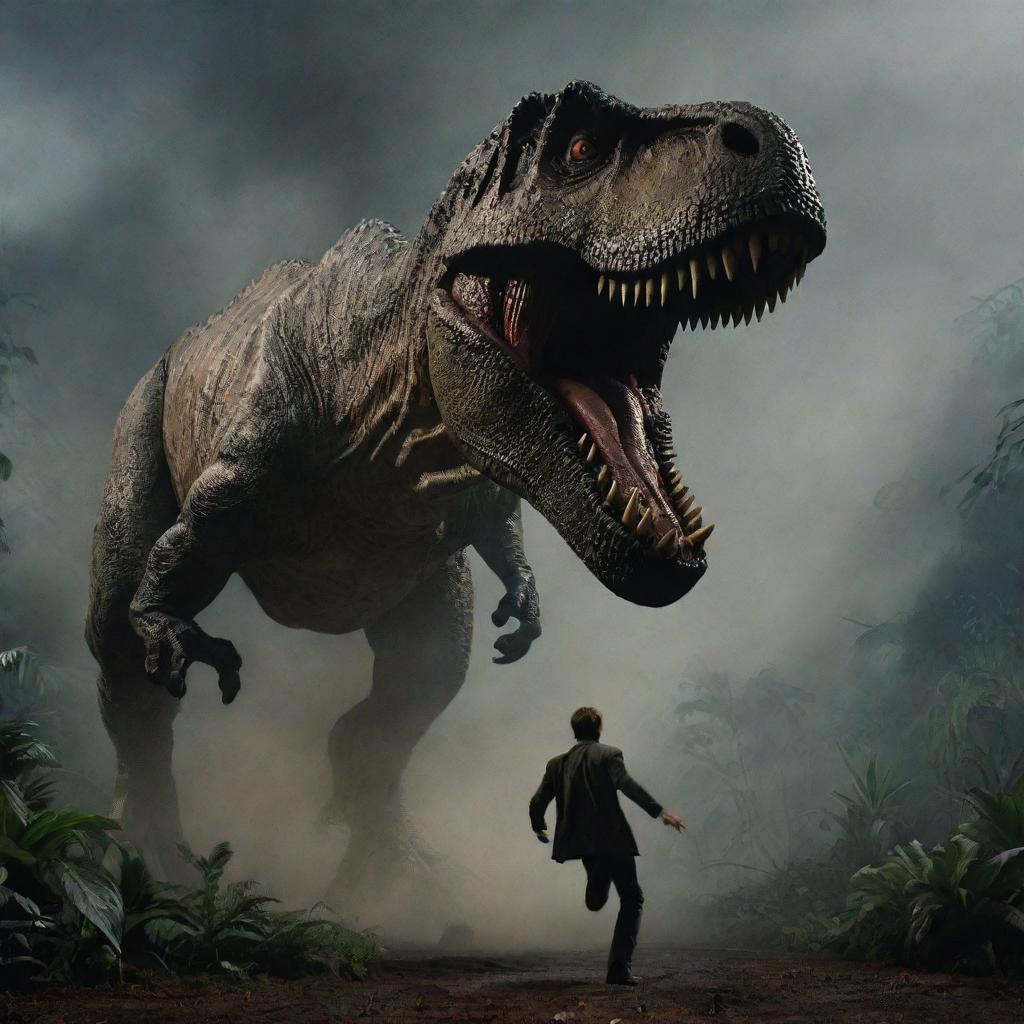 Increase the suspense in the image by depicting the menacing Tyrannosaurus Rex in the act of attacking a terrified human figure amidst the turbulent and shadowy backdrop of Jurassic Park.