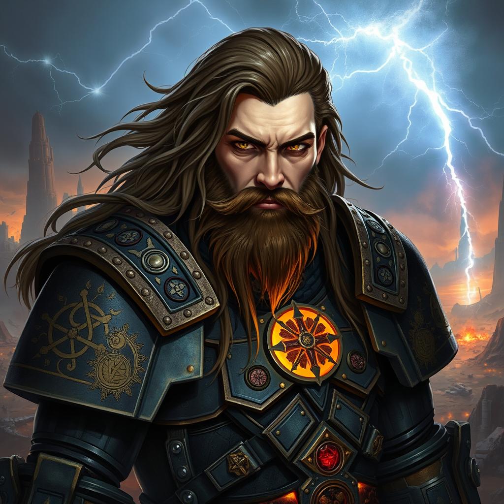 A male psyker from the Warhammer 40k universe, characterized by long flowing hair and a distinguishable beard