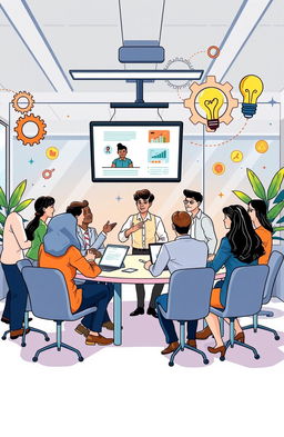 A dynamic and engaging illustration depicting a diverse group of professionals in an office setting, participating in an innovative onboarding process