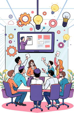 A dynamic and engaging illustration depicting a diverse group of professionals in an office setting, participating in an innovative onboarding process