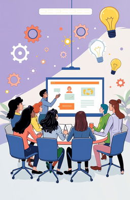 A dynamic and engaging illustration depicting a diverse group of professionals in an office setting, participating in an innovative onboarding process