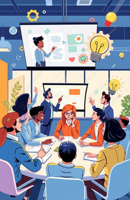 A dynamic and engaging illustration depicting a diverse group of professionals in an office setting, participating in an innovative onboarding process