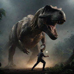 Increase the suspense in the image by depicting the menacing Tyrannosaurus Rex in the act of attacking a terrified human figure amidst the turbulent and shadowy backdrop of Jurassic Park.