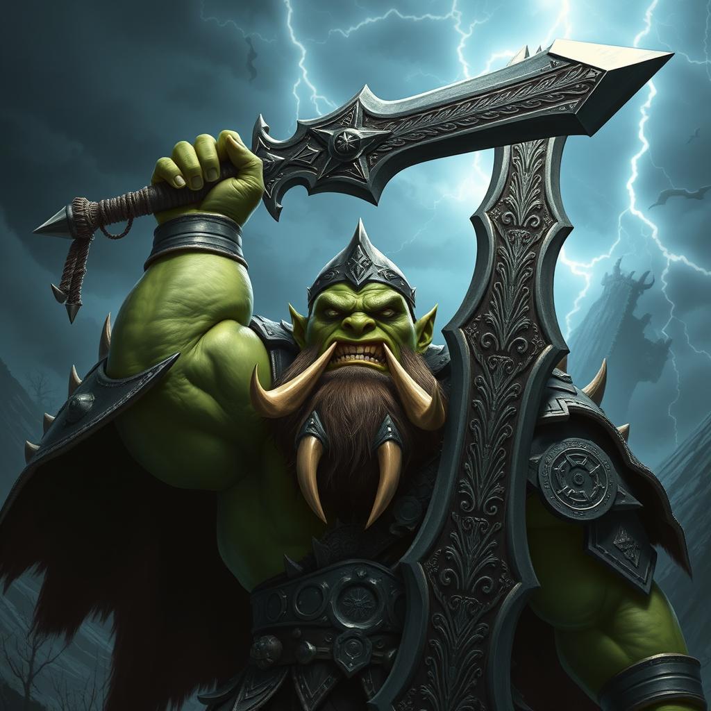 An intimidating orc king, towering above his surroundings, holding a massive sword high above his head