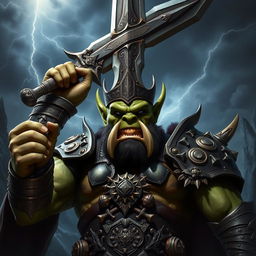 An intimidating orc king, towering above his surroundings, holding a massive sword high above his head