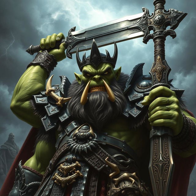 An intimidating orc king, towering above his surroundings, holding a massive sword high above his head