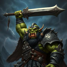 An intimidating orc king, towering above his surroundings, holding a massive sword high above his head