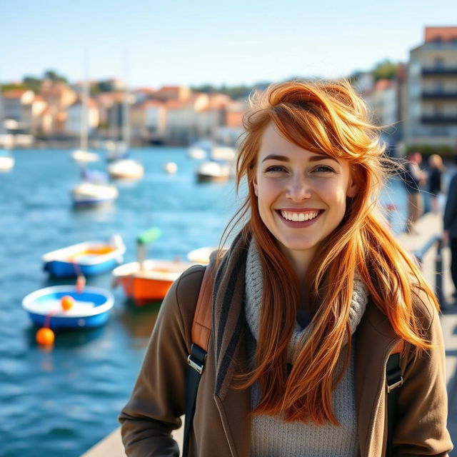 A beautiful 35-year-old red-haired woman with a non-model appearance, captured in an amateur-style photograph on a vibrant waterfront