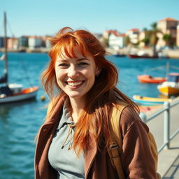 A beautiful 35-year-old red-haired woman with a non-model appearance, captured in an amateur-style photograph on a vibrant waterfront