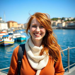 A beautiful 35-year-old red-haired woman with a non-model appearance, captured in an amateur-style photograph on a vibrant waterfront