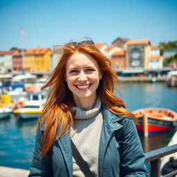 A beautiful 35-year-old red-haired woman with a non-model appearance, captured in an amateur-style photograph on a vibrant waterfront