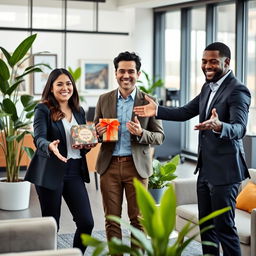 A cheerful office scene depicting a new hire being warmly welcomed by colleagues