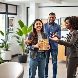 A cheerful office scene depicting a new hire being warmly welcomed by colleagues