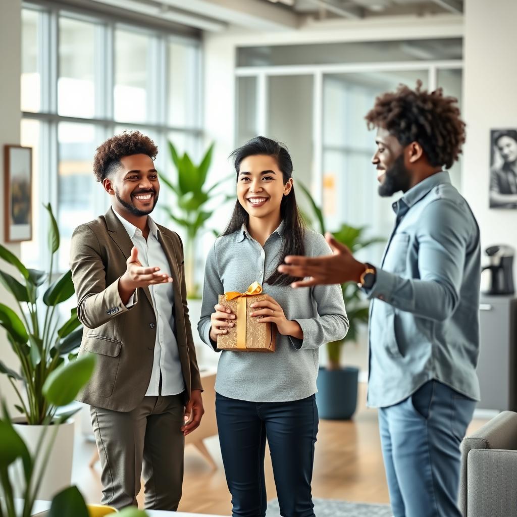 A cheerful office scene depicting a new hire being warmly welcomed by colleagues