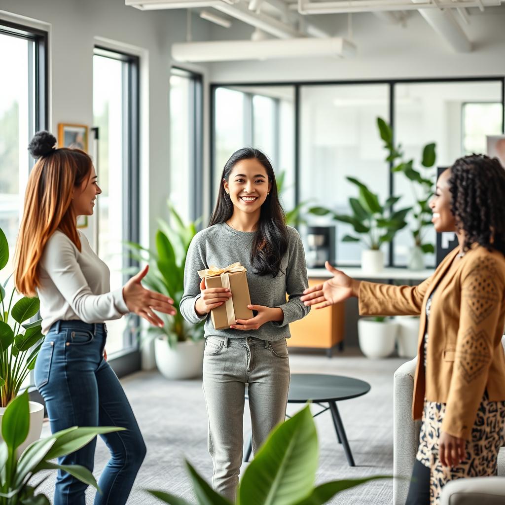 A cheerful office scene depicting a new hire being warmly welcomed by colleagues