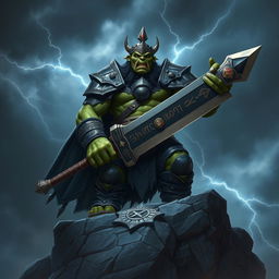 A majestic orc king stands proudly on a rocky outcrop, wielding a massive sword that reflects his formidable power