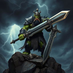 A majestic orc king stands proudly on a rocky outcrop, wielding a massive sword that reflects his formidable power