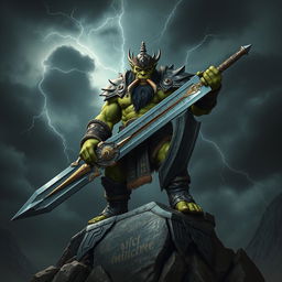 A majestic orc king stands proudly on a rocky outcrop, wielding a massive sword that reflects his formidable power