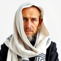 A respectful depiction of a devout Jewish man wearing a Tallit, the traditional prayer shawl, draped over his shoulders and covering his head