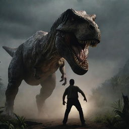 Increase the suspense in the image by depicting the menacing Tyrannosaurus Rex in the act of attacking a terrified human figure amidst the turbulent and shadowy backdrop of Jurassic Park.