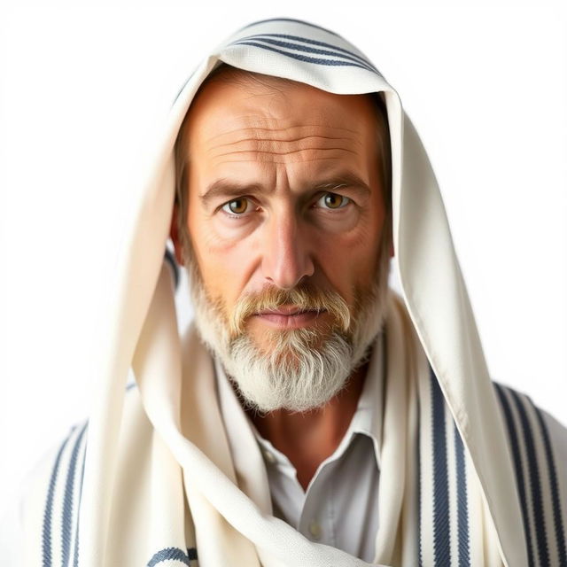 A respectful depiction of a devout Jewish man wearing a Tallit, the traditional prayer shawl, draped over his shoulders and covering his head