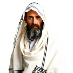 A respectful depiction of a devout Jewish man wearing a Tallit, the traditional prayer shawl, draped over his shoulders and covering his head