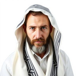 A respectful depiction of a devout Jewish man wearing a Tallit, the traditional prayer shawl, draped over his shoulders and covering his head