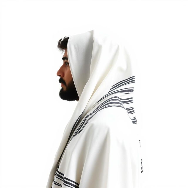 A side view of a devout Jewish man wearing a Tallit, the traditional prayer shawl covering his shoulders and head