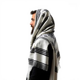 A side view of a devout Jewish man wearing a Tallit, the traditional prayer shawl covering his shoulders and head