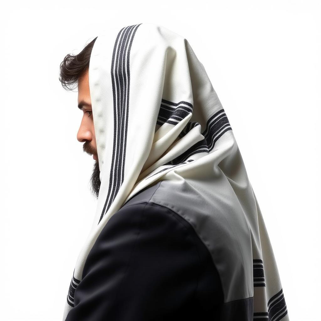 A side view of a devout Jewish man wearing a Tallit, the traditional prayer shawl covering his shoulders and head