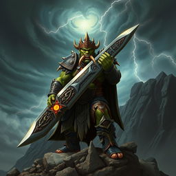 A powerful orc king stands on a rocky mountaintop, gripping an enormous sword with both hands