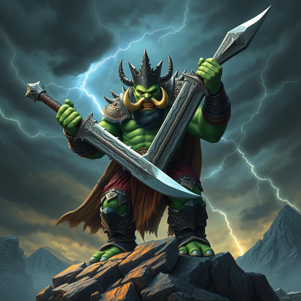 A powerful orc king stands on a rocky mountaintop, gripping an enormous sword with both hands