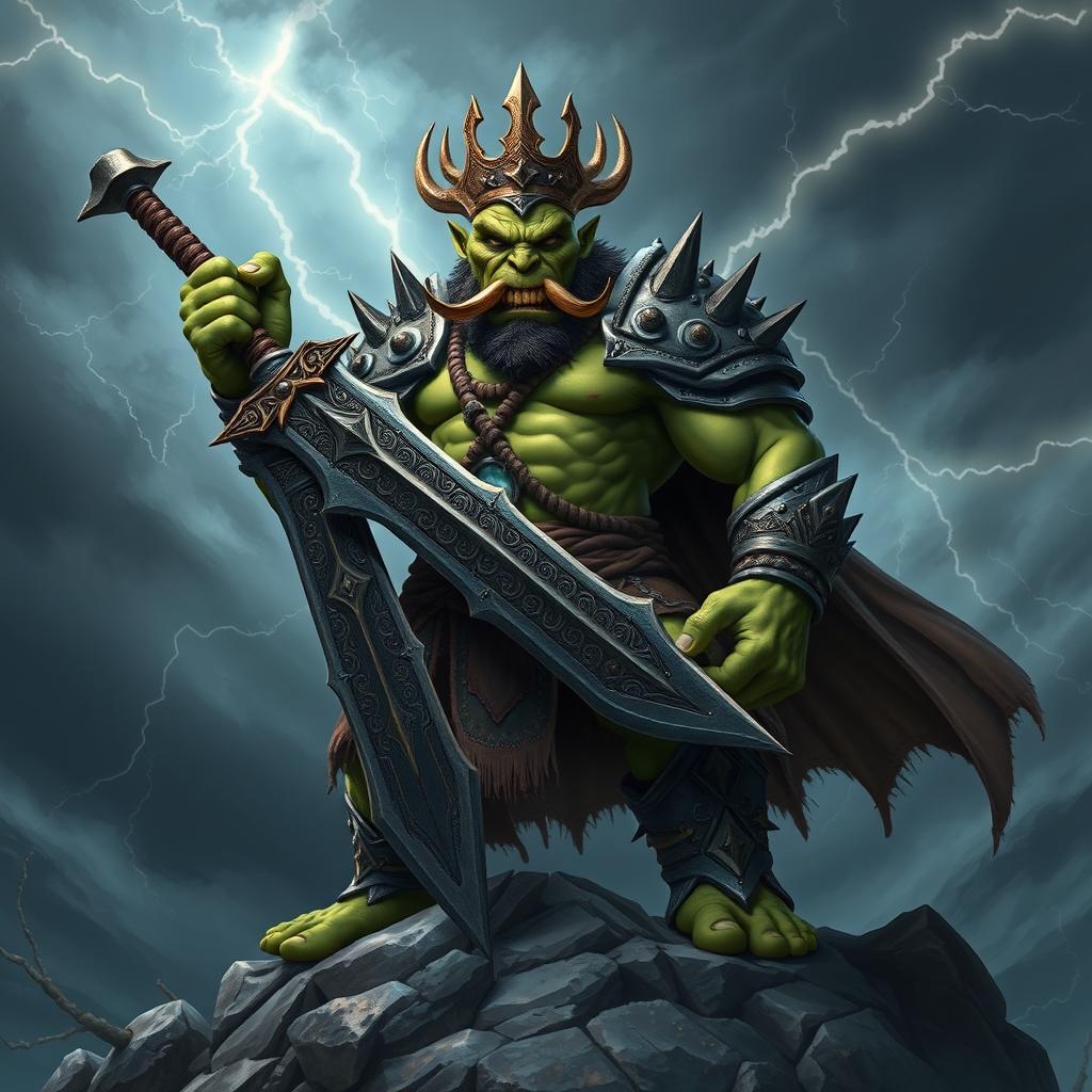 A powerful orc king stands on a rocky mountaintop, gripping an enormous sword with both hands