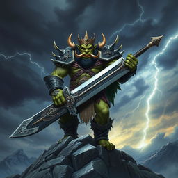 A powerful orc king stands on a rocky mountaintop, gripping an enormous sword with both hands