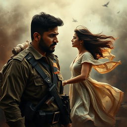 A gripping scene depicting Kabir Sharma, a stalwart army officer deeply affected by the loss of his brother, standing in the midst of a chaotic battlefield