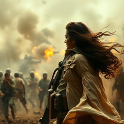 A gripping scene depicting Kabir Sharma, a stalwart army officer deeply affected by the loss of his brother, standing in the midst of a chaotic battlefield